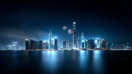 Obraz premium A grand cityscape illuminated by festive lights, fireworks bursting in the sky, symbolizing celebration and joy
