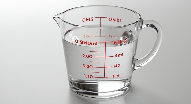 A glass measuring cup with red markings, filled with water, placed on white