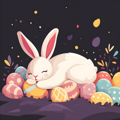 A bunny sleeping on a pile of Easter eggs