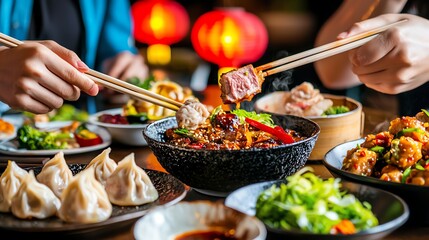 Obraz premium A close-up of hands picking up dumplings with chopsticks