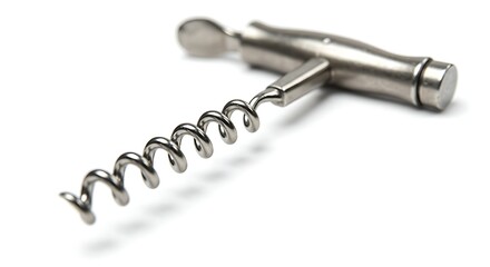 A silver corkscrew with a spiral tip, isolated on a white background