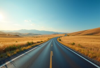 Fototapeta premium Long and Winding Road Through Picturesque Countryside: A Curvy Asphalt Road Leading Through a Beautiful Field with a Clear Blue Sky