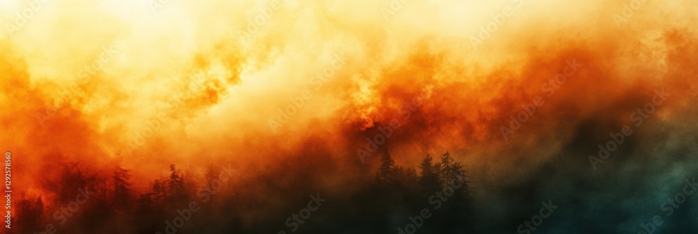 Poster intense fire engulfs forest, creating thick smoke and warm hues during a devastating wildfire event.