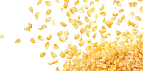 Falling pasta shells on white background.
