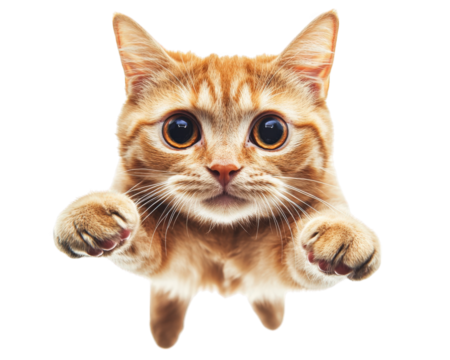 orange cat caught mid pounce with playful expression, showcasing its curious nature and vibrant fur. This captures essence of feline agility and charm