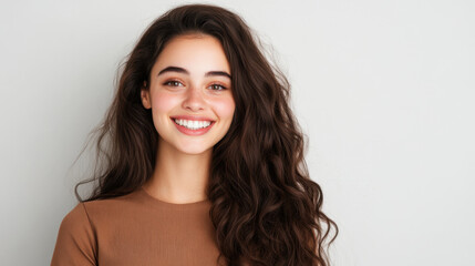 Fototapeta premium smiling young woman with long, wavy hair poses against light background, radiating joy and confidence
