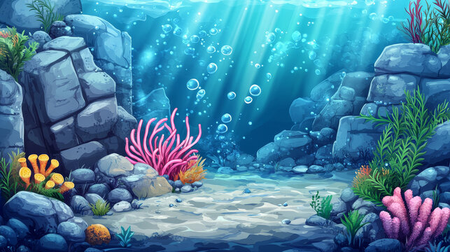 Underwater sea landscape with marine plants and animals. Vector cartoon illustration of ocean bottom with stones and tropical undersea fauna, actinias and sponges