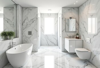 スタイリッシュな白い大理石のバスルームのインテリア：エレガントな大理石の表面と現代的な備品を備えたモダンなバスルームのリアルな描写

