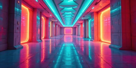 Fototapeta premium Futuristic Neon Corridor Vibrant Pink and Teal Lighting Reflecting on a Gleaming Polished Floor