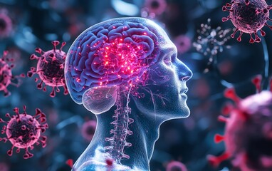 Detailed 3D illustration of meningitis inflammation on the brain and spinal cord, with highlighted areas of infection and swelling for medical study