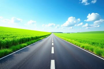 Fototapeta premium Asphalt Road Cutting Through Verdant Fields Under a Bright Blue Sky with Fluffy White Clouds, Evoking a Sense of Tranquility and Open Road Adventure