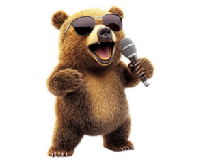 bear wearing sunglasses and holding microphone, exuding fun and playful vibe, as if performing on stage