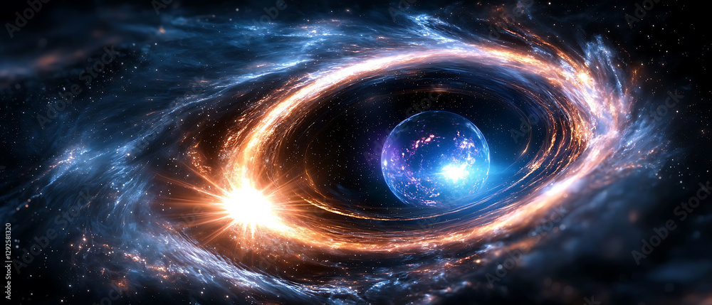 Sticker celestial event cosmic collision of light and darkness outer space digital art nebula abstract conce