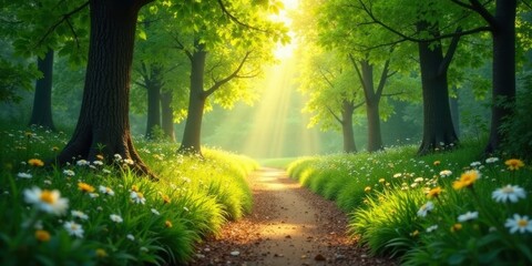 Obraz premium Sunlit Path Through a Verdant Forest of Majestic Trees, Adorned with a Carpet of Delicate Wildflowers, Creating a Serene and Tranquil Atmosphere