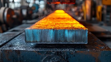 Glowing Hot Metal Slab being Pressed into Shape in an Industrial Forge Setting with Heavy Machinery