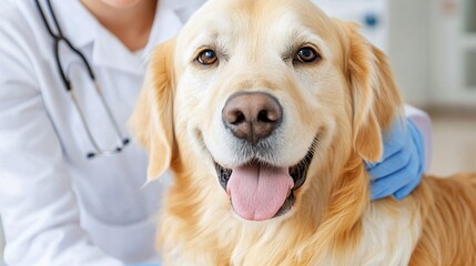 caring veterinarian examining happy golden retriever dog