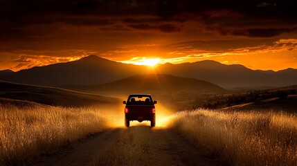Fototapeta premium Sunset Silhouette of Truck on Dirt Road.