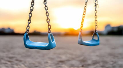 Sunset playground swings, empty seats, peaceful evening