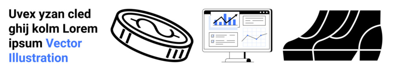 Coin, data analytics dashboard with growth chart, and footwear silhouettes representing finance, commerce, and trends. Ideal for business, economy, analytics, e-commerce retail footwear flat