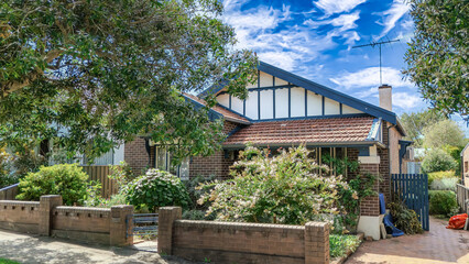 Old Restored Federation Suburban Sydney Double Brick with terrecotta Roof tiles timber window frames  in western Sydney  NSW Australia