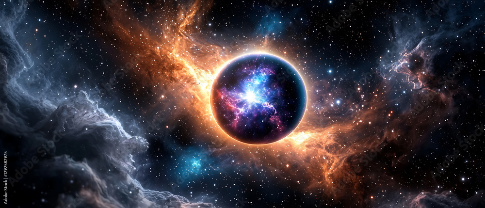 Wall mural cosmic explosion displaying vibrant nebulae and planets outer space digital art celestial environmen