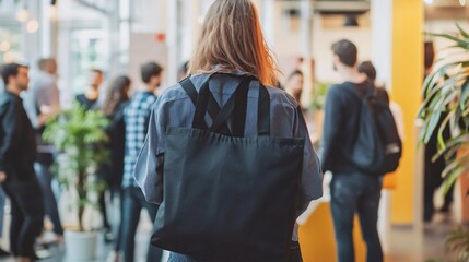 Naklejka premium Woman with Tote Bag in Busy Modern Office Space