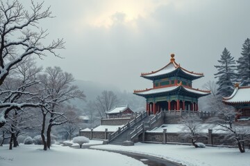 snowy scene of a chinese temple with a path and steps