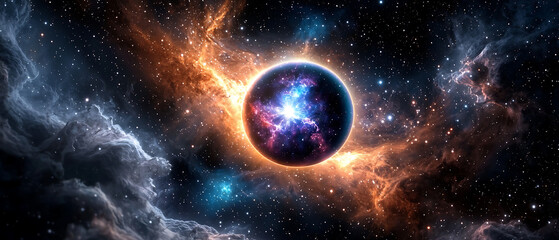 Obraz premium Cosmic explosion displaying vibrant nebulae and planets outer space digital art celestial environment wide angle view universe concepts