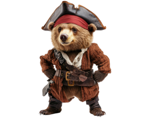 bear dressed as pirate with playful smirk, showcasing fun and adventurous spirit. This whimsical character embodies essence of playful pirate