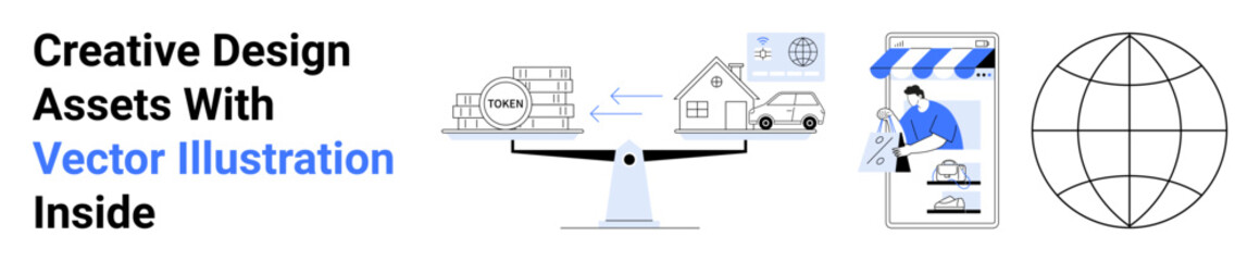 Scale balancing taxes against house and car, online shopping icon, and global connectivity globe. Ideal for finance, economy, housing, e-commerce, budgeting, global trade flat landing page banner