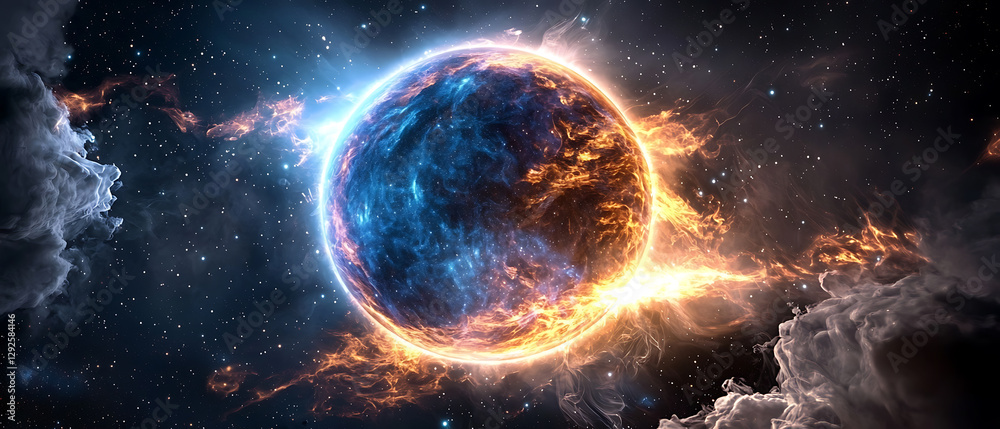 Sticker explosive celestial event planetary formation in outer space digital art cosmic environment aerial v