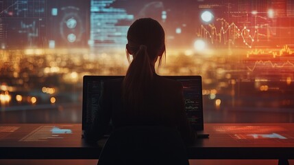 Rear view of a focused businesswoman analyzing data on a laptop screen with graphs, charts, and diagrams in a modern office setting – technology, financial analytics, and digital business strategy con
