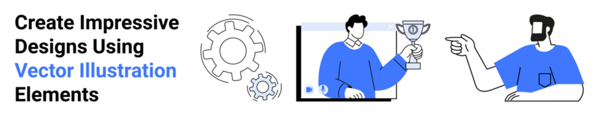 Designer holding a trophy on screen with gears representing collaboration and innovation. Teammate gesturing towards ideas. Ideal for innovation, teamwork, achievement, design, leadership