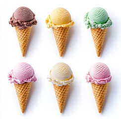 Colorful Ice Cream Cones in Different Flavors Displayed on White Background, Perfect for Summer Treats and Desserts