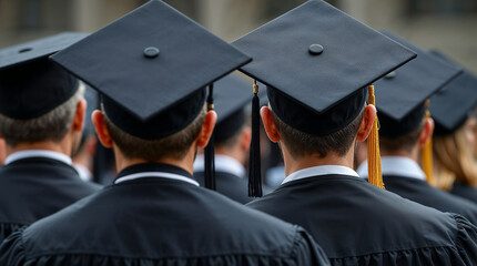 Rear view of university graduates wearing graduation gown and cap in the commencement day