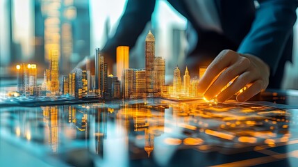 A business professional manipulates a digital city skyline model with glowing elements.