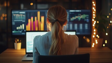 Rear view of a focused businesswoman analyzing data on a laptop screen with graphs, charts, and diagrams in a modern office setting – technology, financial analytics, and digital business strategy con