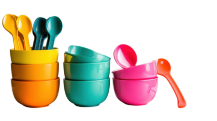 Colorful plastic cups with red and green candles on a white background