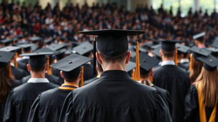 Obraz premium Rear view of university graduates wearing graduation gown and cap in the commencement day