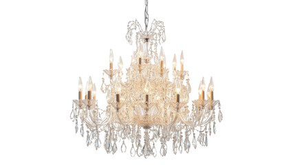 A luxurious crystal chandelier with multiple tiers of sparkling pendants, hanging elegantly against a clean white backdrop.