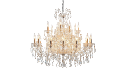 A luxurious crystal chandelier with multiple tiers of sparkling pendants, hanging elegantly against a clean white backdrop.