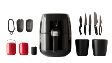 A set of kitchen utensils including a fork and knife, surrounded by various technological objects like a black remote, mobile phone, and computer equipment