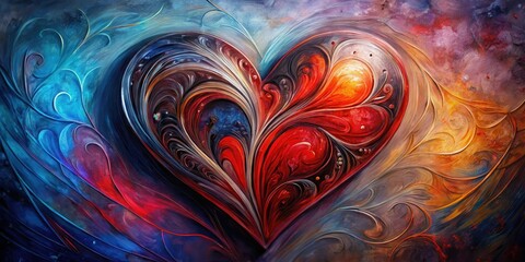 Abstract Heart Shaped Canvas Painting with Intricate Floral Designs and Vibrant Hues