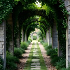 Obraz premium Enchanted Garden Path Through Stone Archways and Lush Greenery