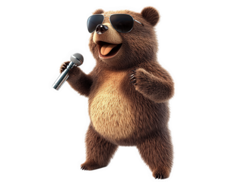 Bear singing with microphone, wearing sunglasses, playful and fun