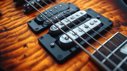 Naklejka premium Close-up View of Electric Guitar Body Featuring Detailed Wood Grain and Metal Components Ideal for Music and Instrument Photography