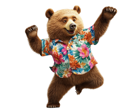 bear wearing colorful Hawaiian shirt dances joyfully, showcasing fun and lively spirit. This playful scene captures essence of celebration and happiness