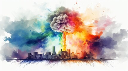 Obraz premium Vibrant Watercolor Depiction of Nuclear Explosion Against Cityscape
