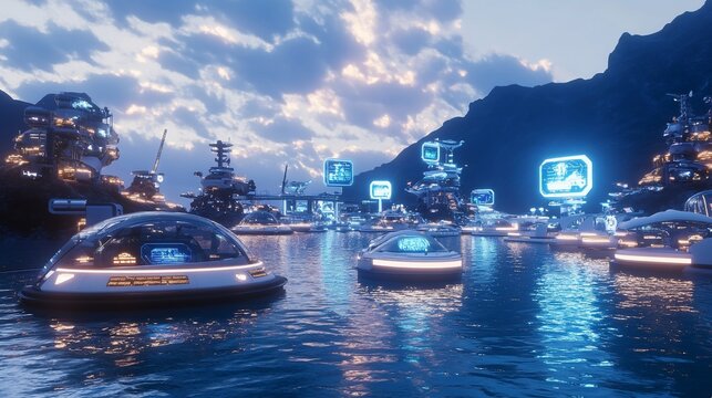 Futuristic floating city with luminous buildings and sleek watercraft at twilight, mountain backdrop