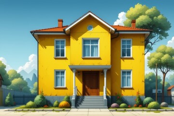 cartoon house with a yellow facade and a red roof